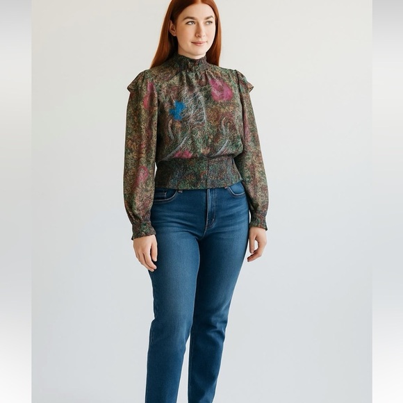 Lavender Brown Paisley & Floral Smocked Blouse with Mandarin Collar Size Large L - Picture 8 of 8